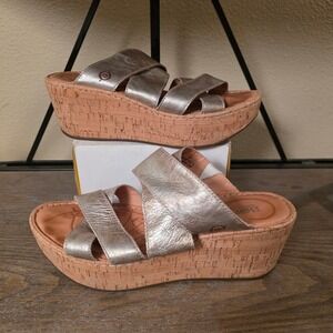 Born Womens Metallic Gold Leather Cork Platform Wedge Slide Sandals B81915 8